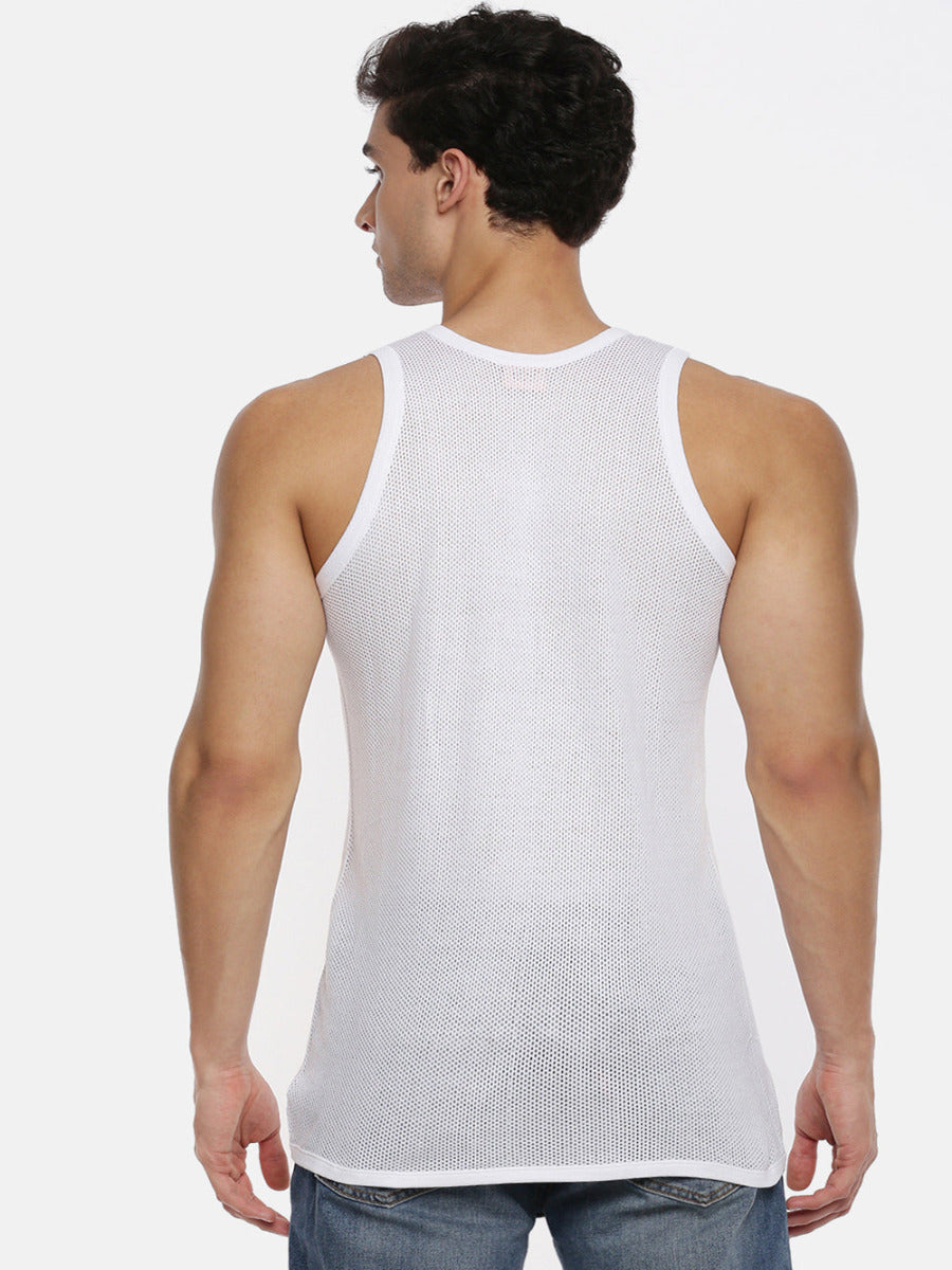 Mens Fine Cotton White Netted Banian Breeze (2 PCs Pack)-Back view