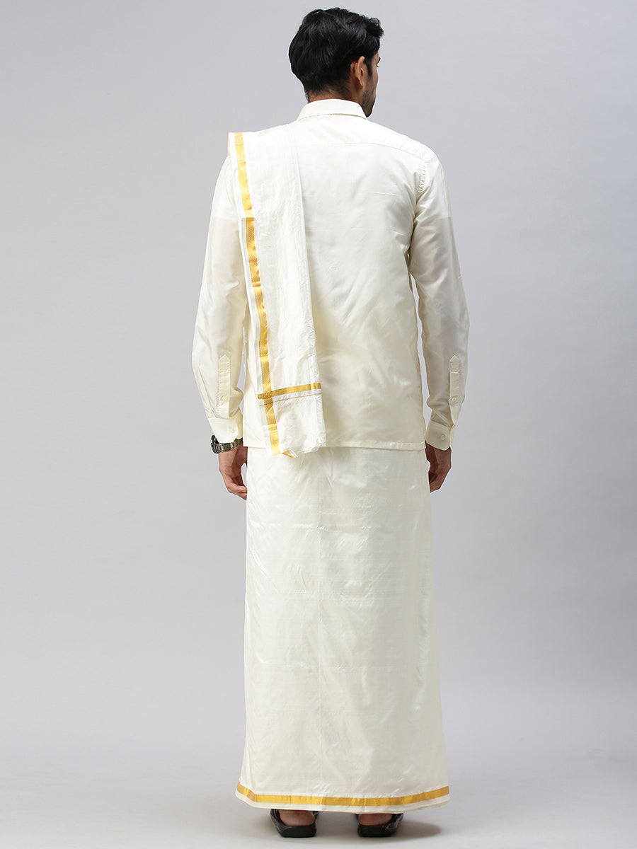 Mens Pure Silk Cream Wedding Set 1/2" Dhoti+Towel+Shirt-Back view