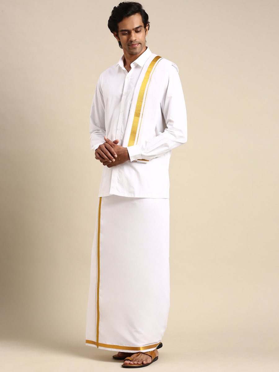 Premium Wedding White Adjustable Dhoti,Shirt & Towel Set Genxt Version