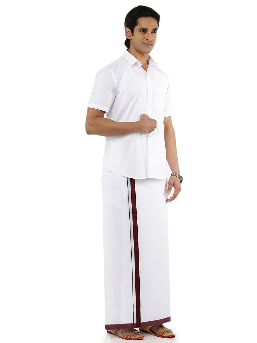 Men Cotton Blend Single Layer White Dhoti with Big Border 01