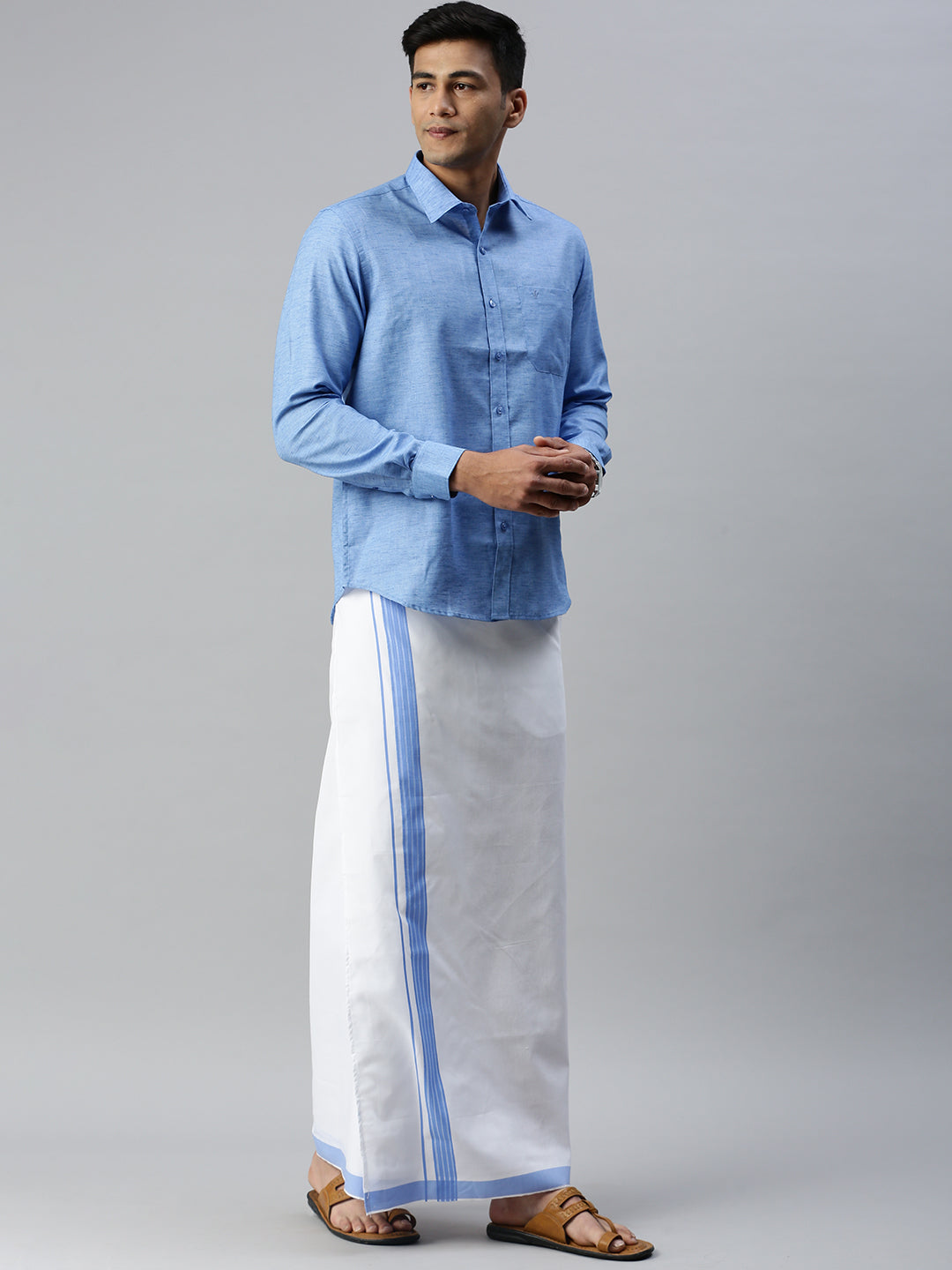 Mens Matching Border Adjustable Dhoti & Full Sleeves Shirt Set Blue CC9-Full view