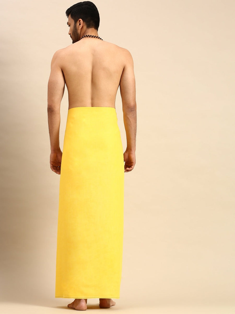 Mens Double Dhoti with Small Border Mangalya Yellow-Back view