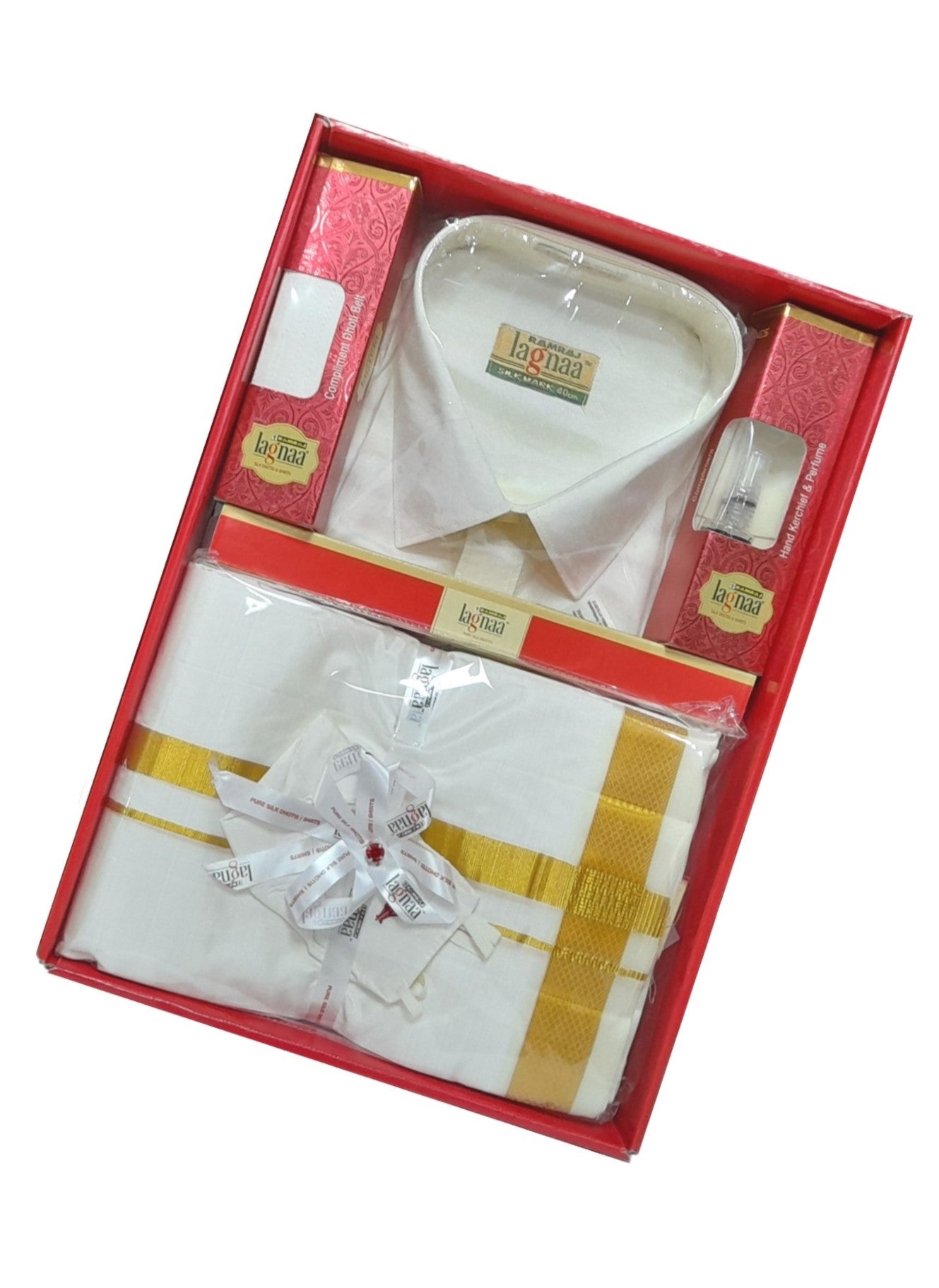 Mens Pure Silk Cream Wedding Set 1 1/2" Dhoti+Towel+Shirt-Box view