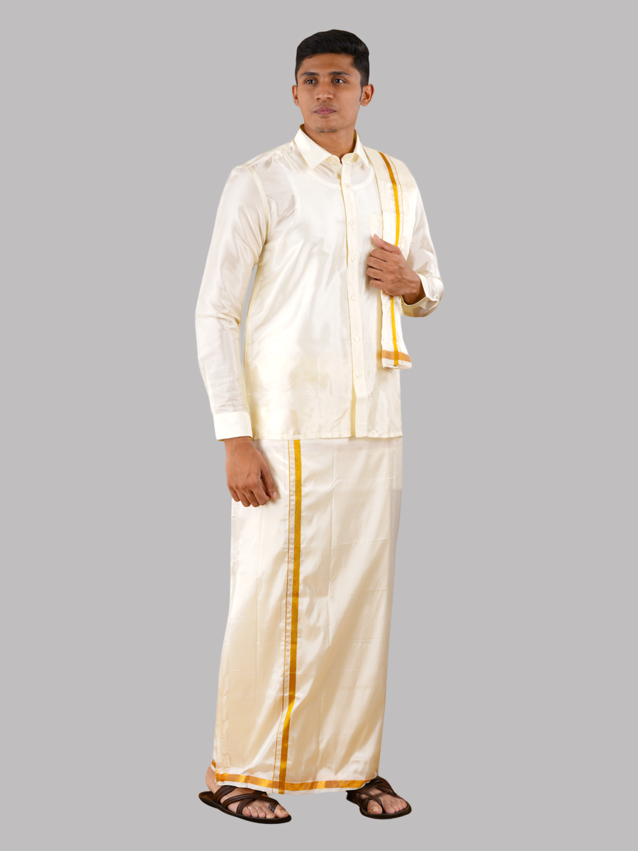 Mens Cream Art Silk Full Sleeves Shirt, Double Dhoti+Towel with Belt Combo-Front view