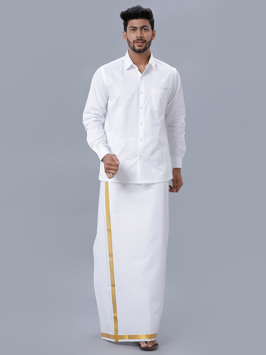 Mens Pure Cotton White Full Sleeves Shirt with 1'' Gold Jari Double Dhoti Combo