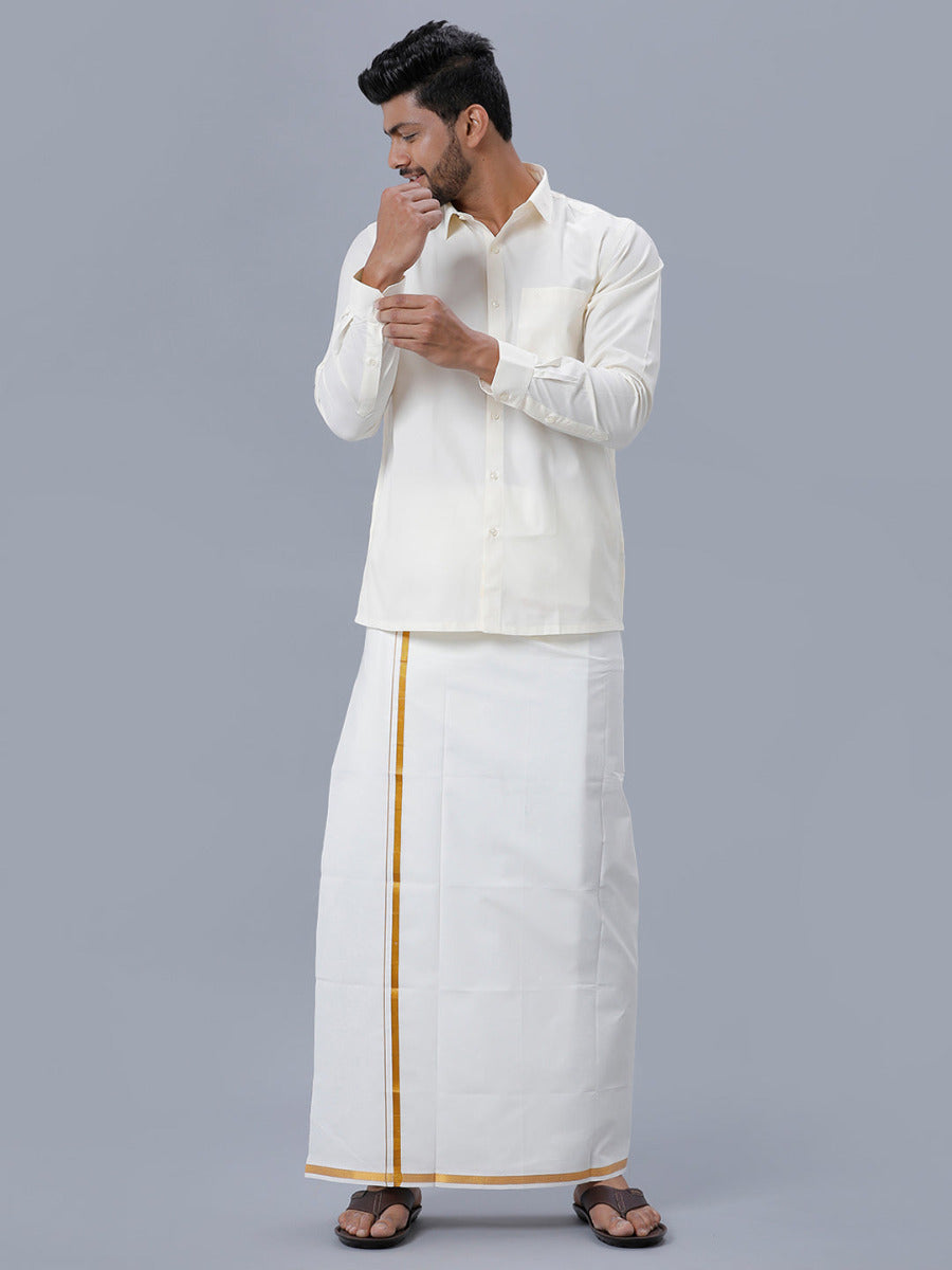 Mens Cream Single 1/2 " Gold Jari Dhoti with Cotton Full Sleeves Shirt Combo