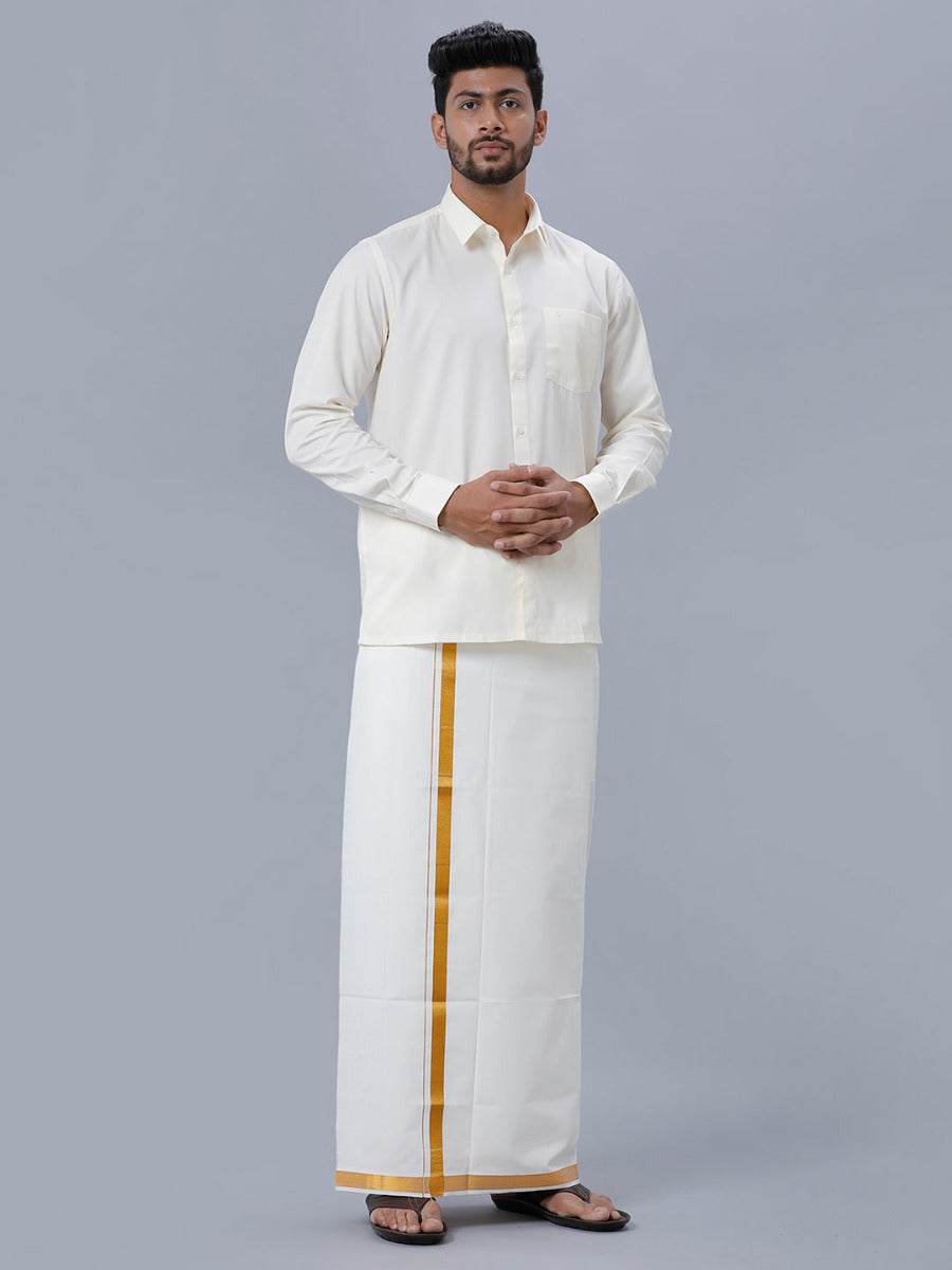 Mens Cream Cotton Gold Jari 3/4" Double Dhoti with Full Sleeves Shirt Combo