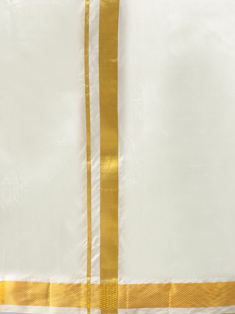 Mens Pure Silk Cream Double Dhoti with 1 1/2" Gold Jari Border Upasana 4M-Zoom view