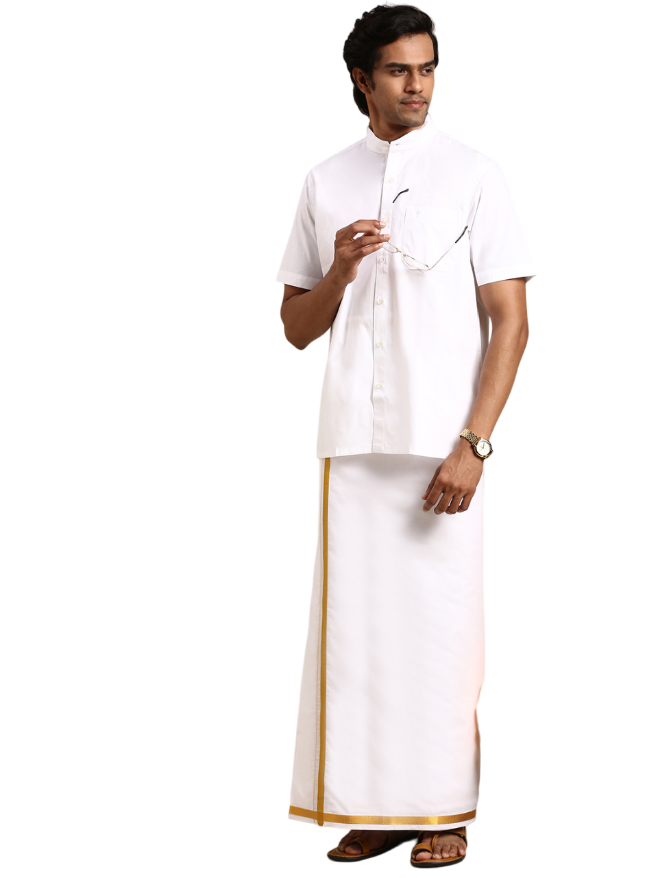 Mens 100% Cotton White Shirt Half Sleeves Chinese Collar -Full view
