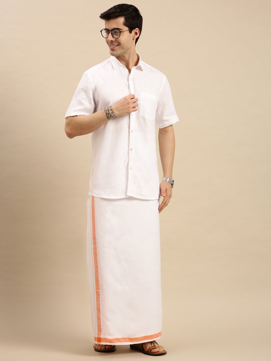 Mens Premium Pure Linen Shirt Half Sleeve with Double Dhoti White 770