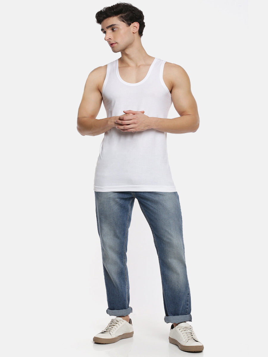 Mens Fine Cotton White Banian RN Rise Up (2 Pcs Pack)-Full view