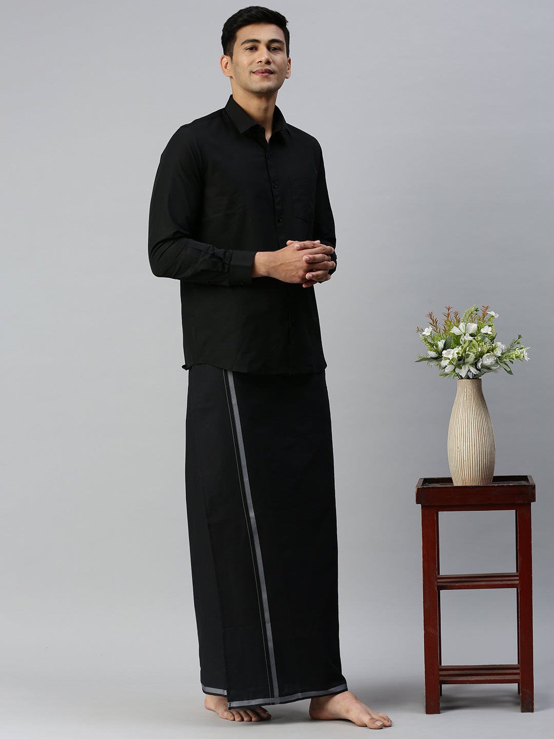 Mens Readymade Adjustable Black Single Dhoti with Big Border-Full view
