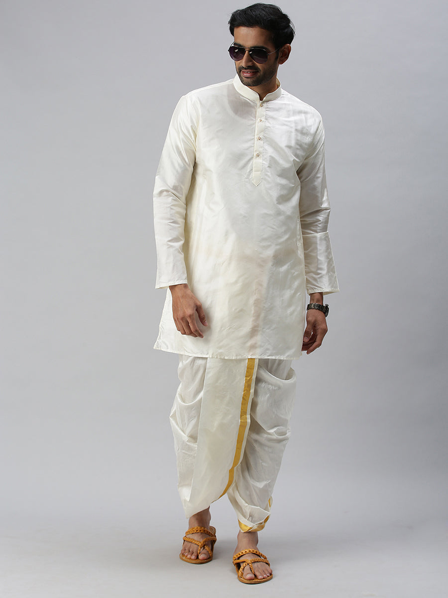 Mens Pure Silk Medium Length Cream Kurta-Full view