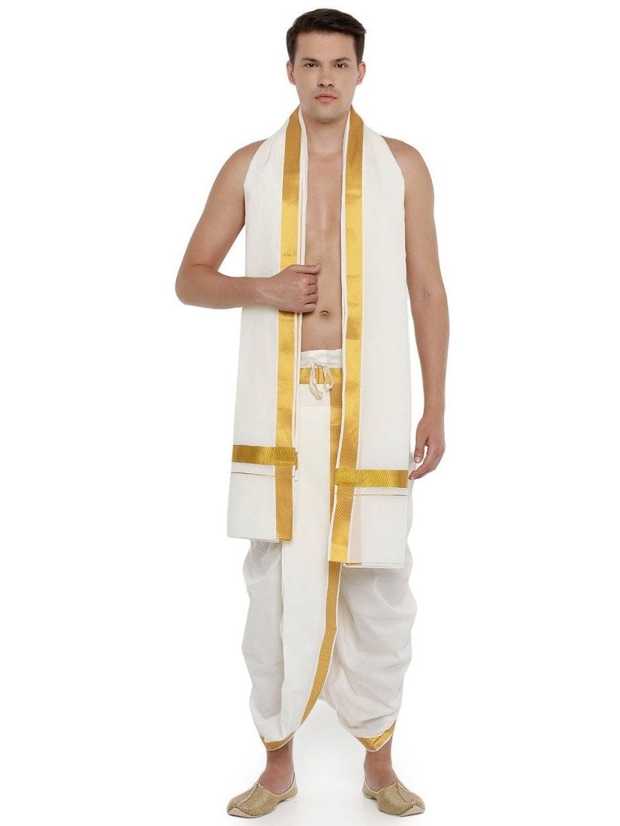 Mens ReadyMade Panchakacham Dhoti with Angavasthram Cream Jari Border