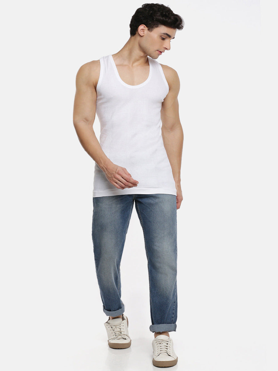 Mens Soft Fine Cotton Jersy White Banian RN Compact (2 PCs Pack)-Full view