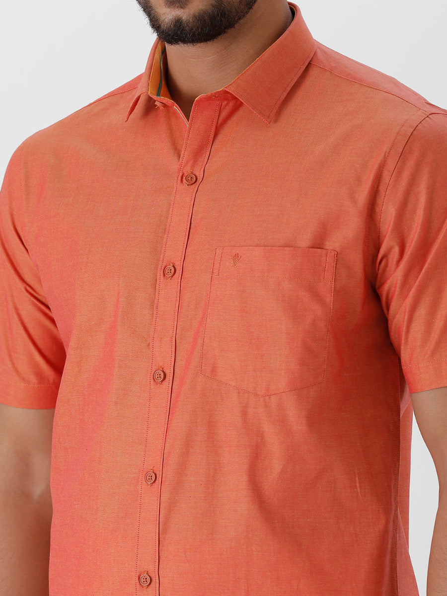Mens Cotton Copper Colour Half Sleeves Shirt & Double Dhoti with Copper Jari Combo-Zoomview