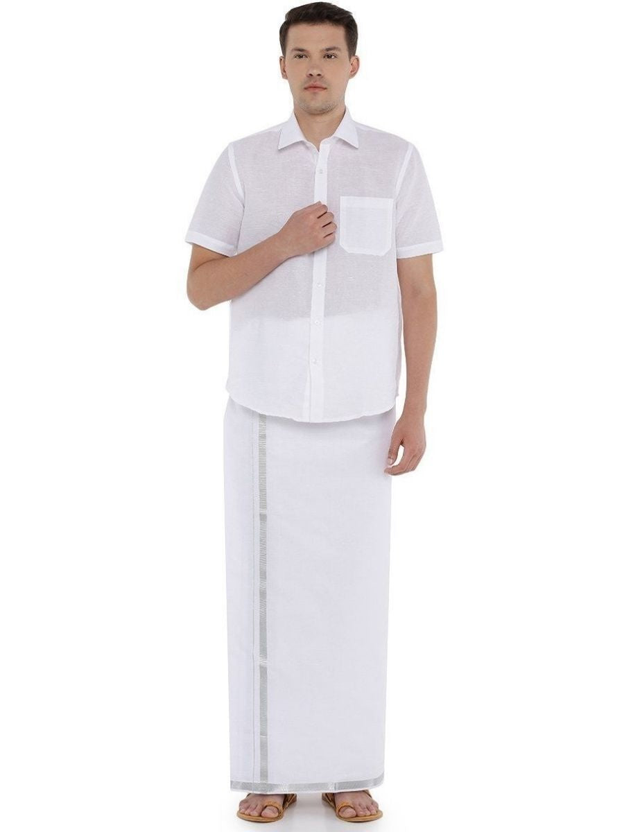 Mens Double Dhoti White with Silver Jari 3/4" Ivory-Full view