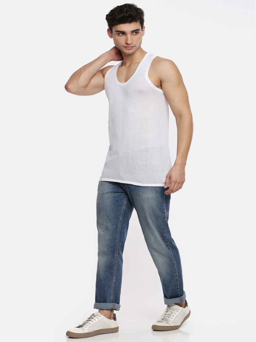 Mens Fine Cotton White Netted Banian Breeze (2 PCs Pack)-Full view