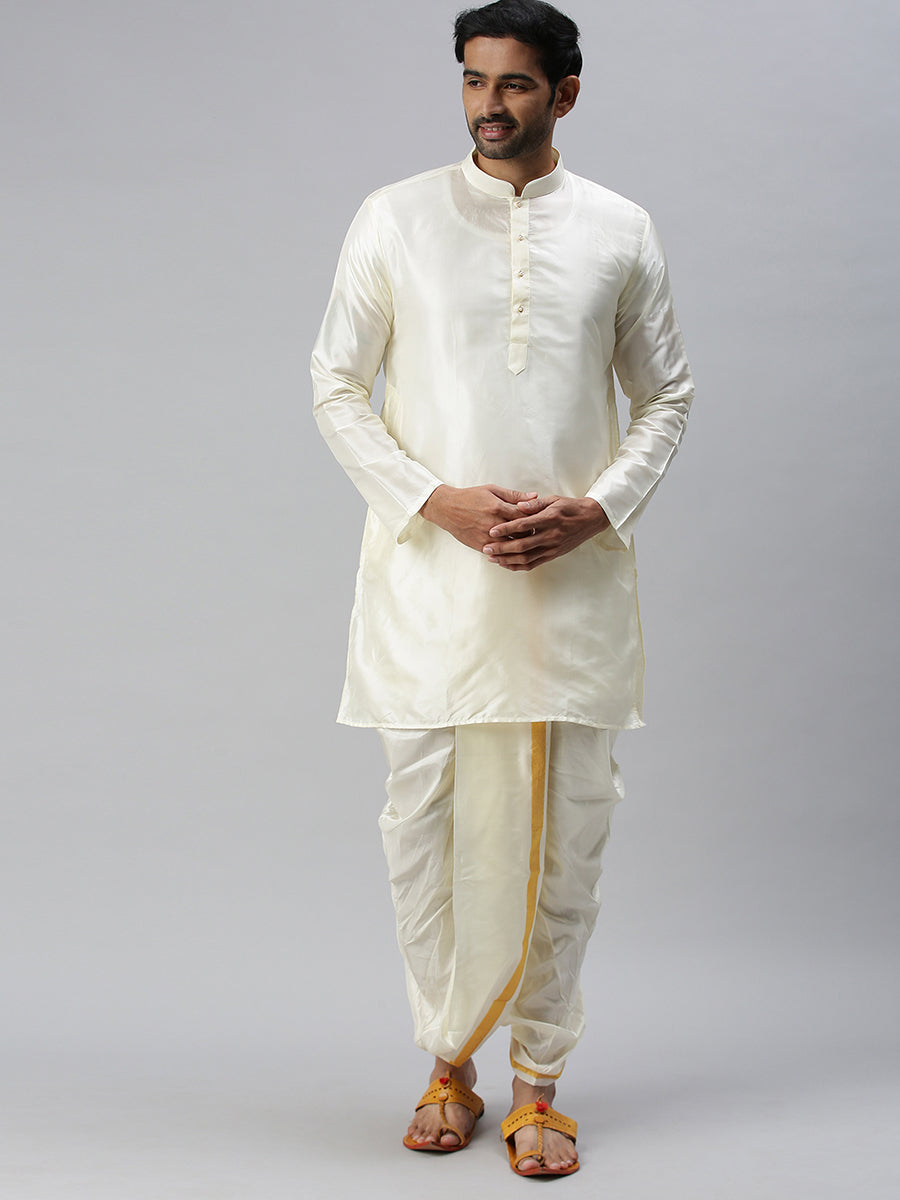 Mens Silk Mixed Medium Length Cream Kurta-Full view