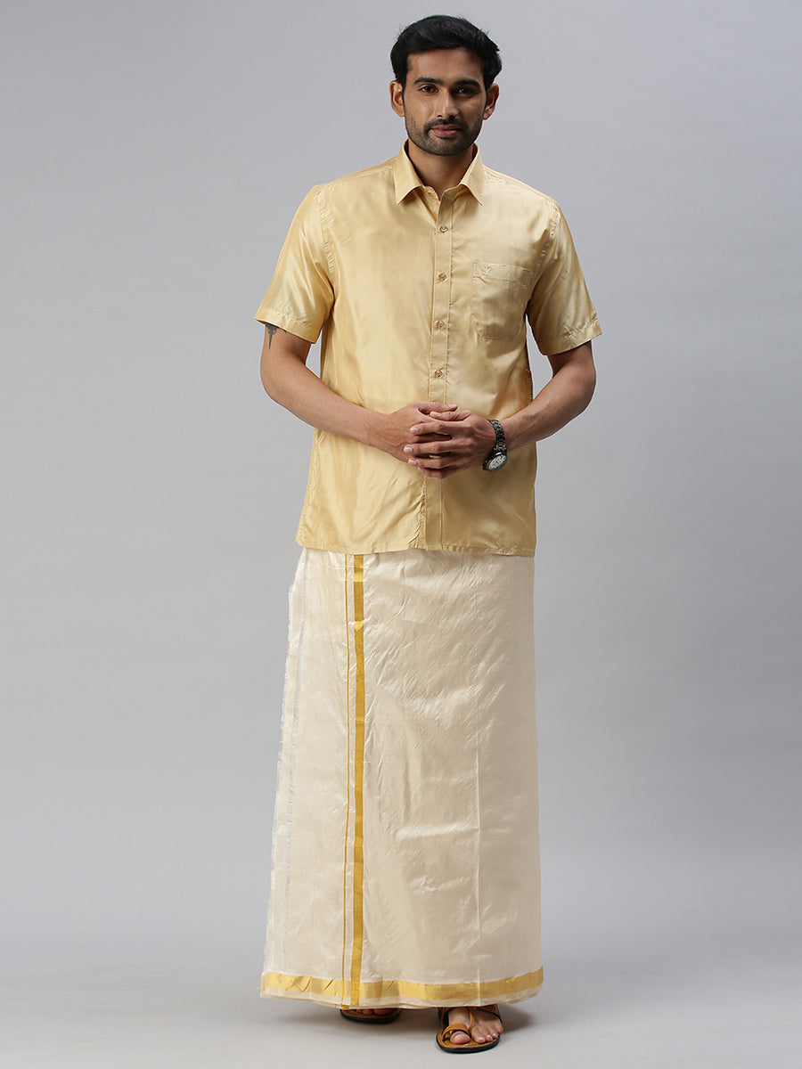 Mens Pure Silk Half Sleeves Shirt Dark Cream-Full view