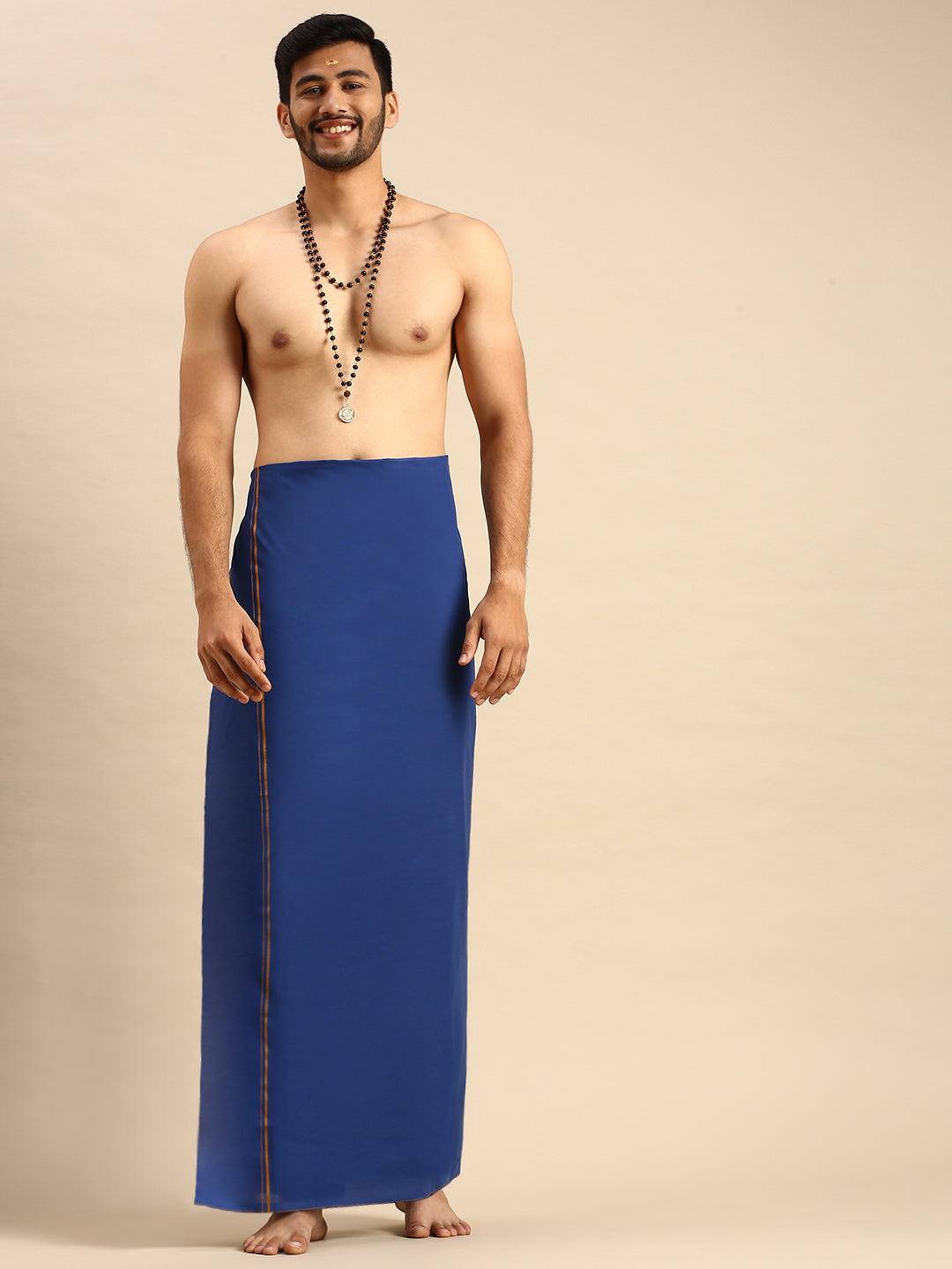 Men 100% Cotton Single Layer Blue Dhoti with Assorted Border Sudhan