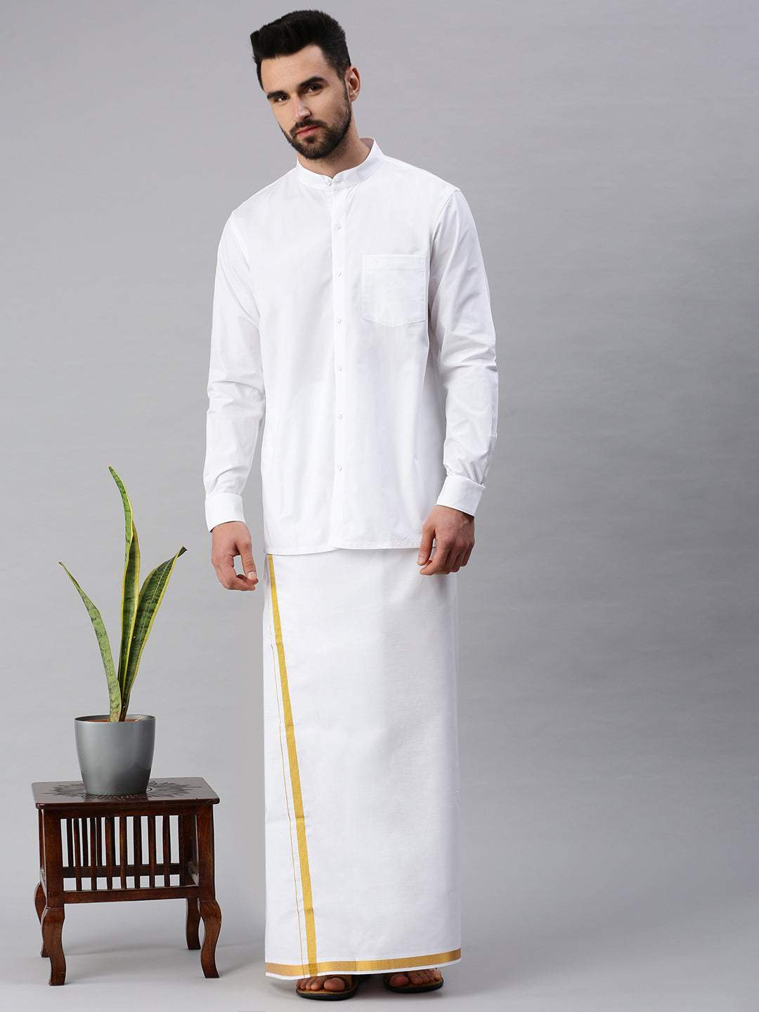 Mens 100% Cotton White Shirt Full Sleeves Plus Size Chinese Collar-Full view