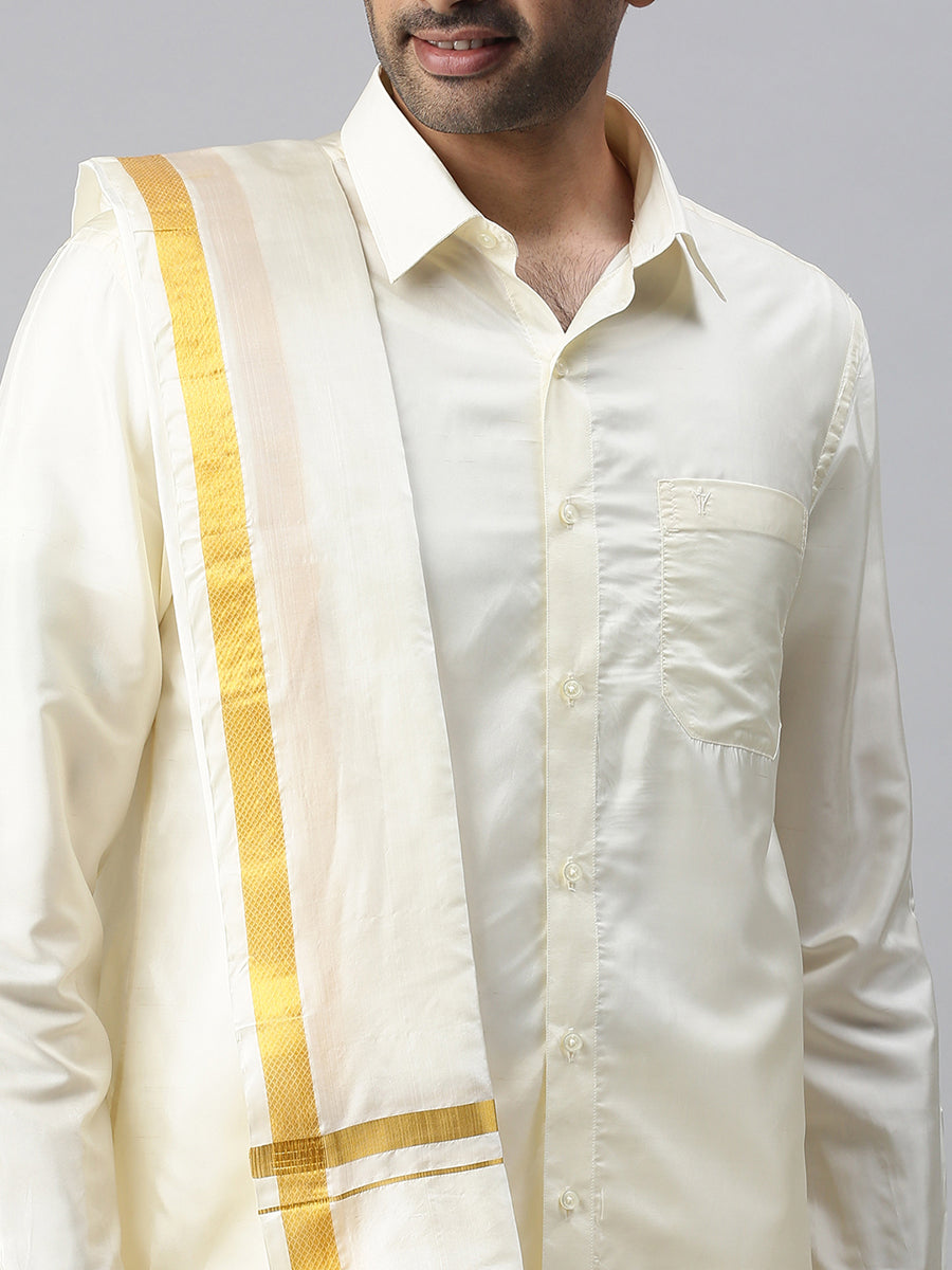 Mens Pure Silk Cream Wedding Set 3/4" Dhoti+Towel+Shirt-Zoom alternative view