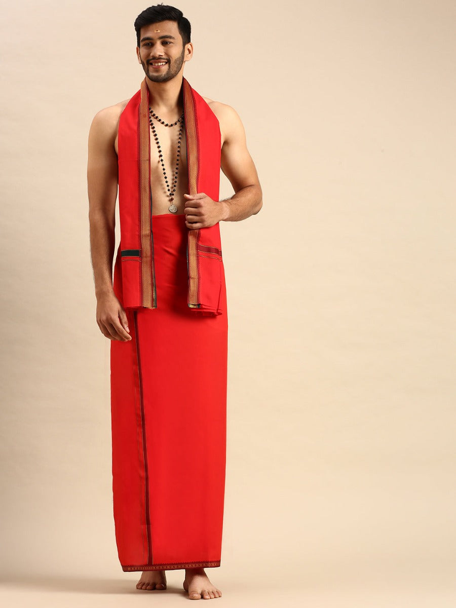Mens Devotional Dhoti & Towel Set Mercury Red-Front  view