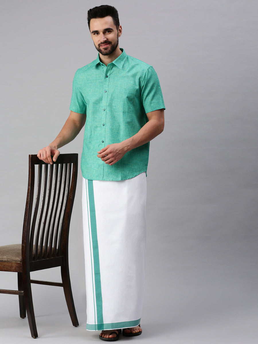 Mens Matching Border Dhoti & Half Sleeves Shirt Set Trendy CC7-Full view