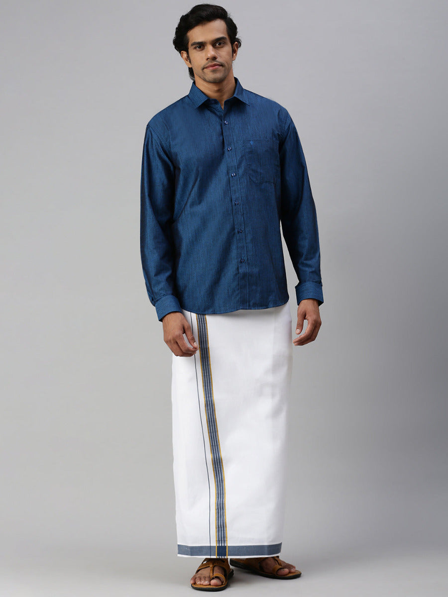 Mens Matching Jari Border Dhoti & Shirt Set Full Sleeve Blue VB9