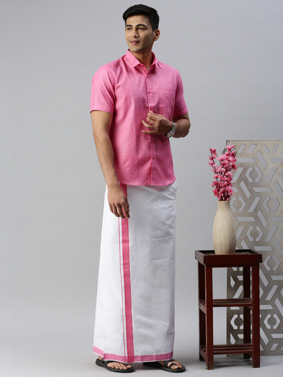 Mens Matching Border Adjustable Dhoti & Half Sleeves Shirt Set Pink CC10