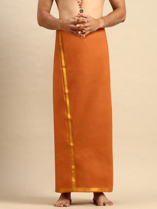 Mens Devotional Color Dhoti with 3/4" Gold Jari Border Cosmic Kavi