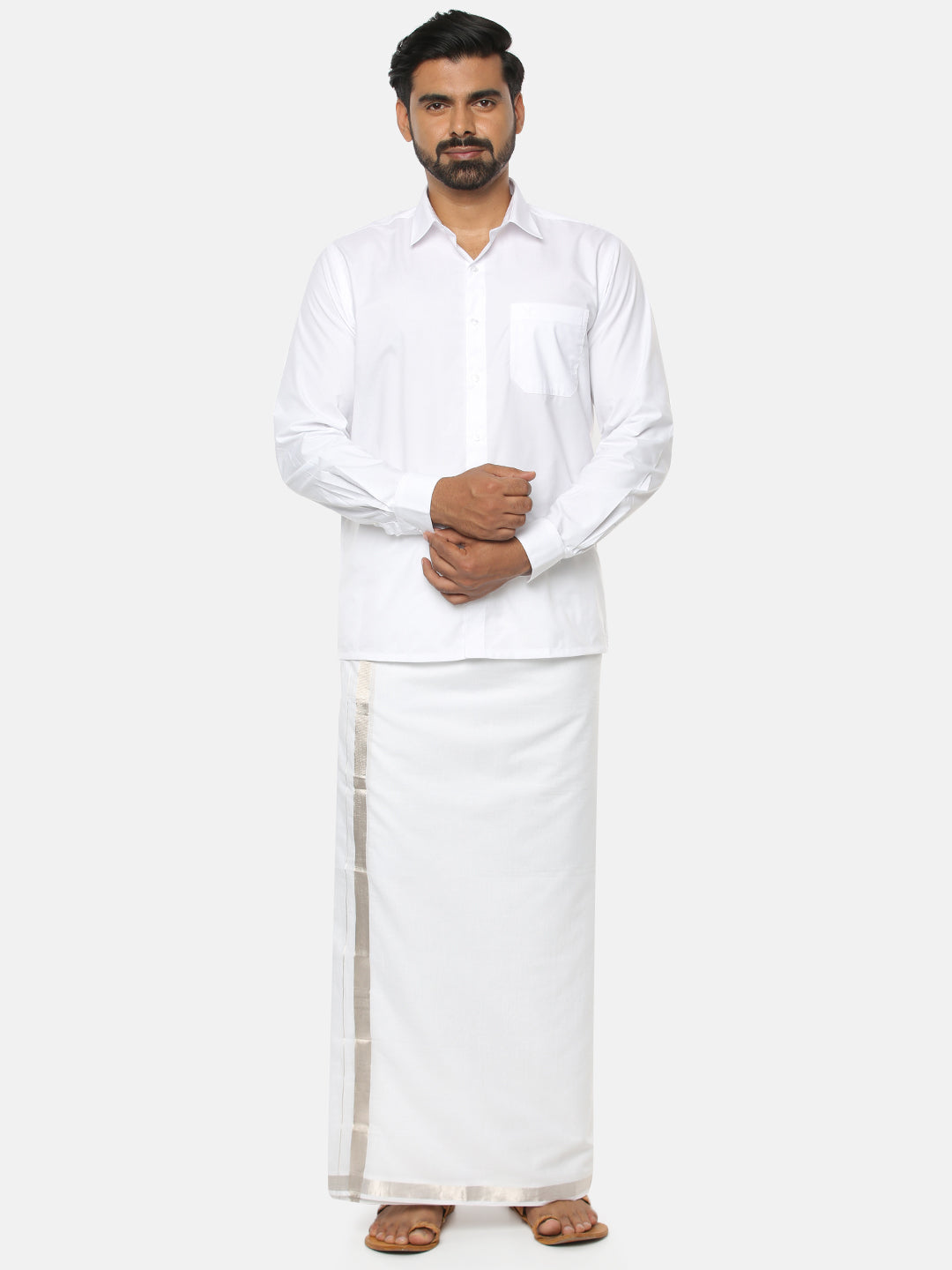 Mens Double Dhoti with Jari 1" Border Silver Cotton-Front view