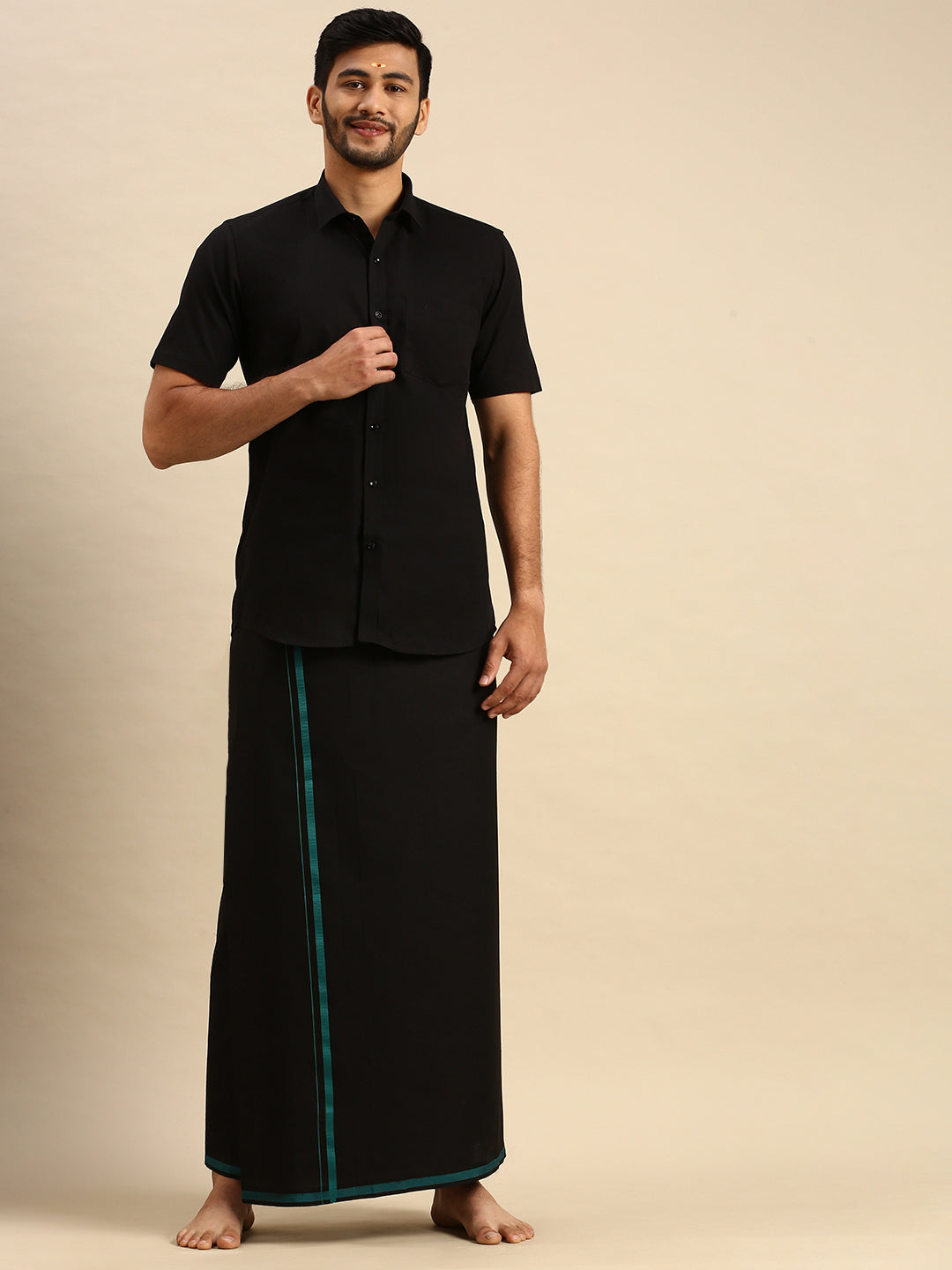 Men Devotional Black Half Sleeves Shirt & Dhoti Set