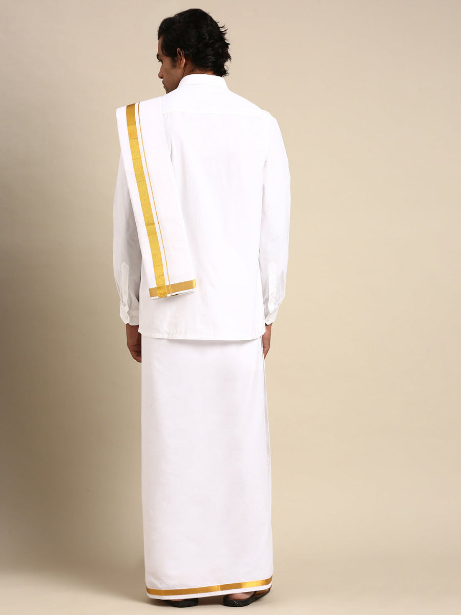 Premium Wedding White Adjustable Dhoti,Shirt & Towel Set Genxt Version-Back view