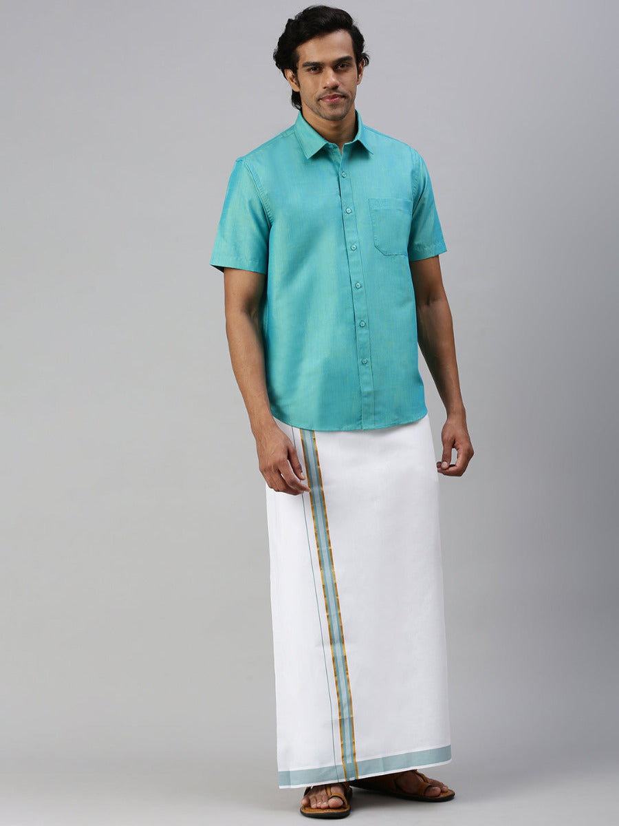 Mens Matching Jari Border Dhoti & Shirt Set Half Sleeve Blue VB8
