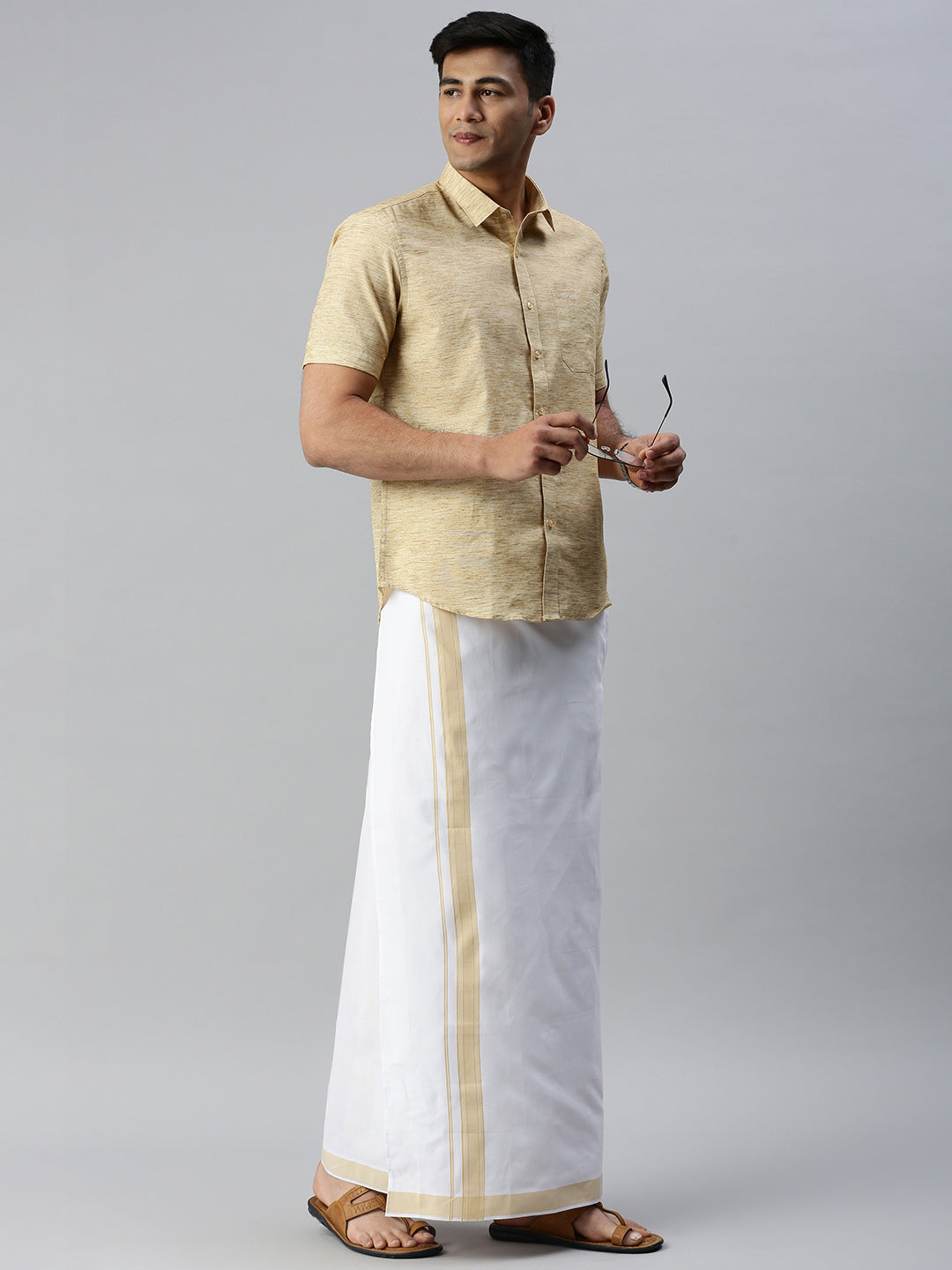 Mens Matching Border Adjustable Dhoti & Half Sleeves Shirt Set CC1-Side alterantive view
