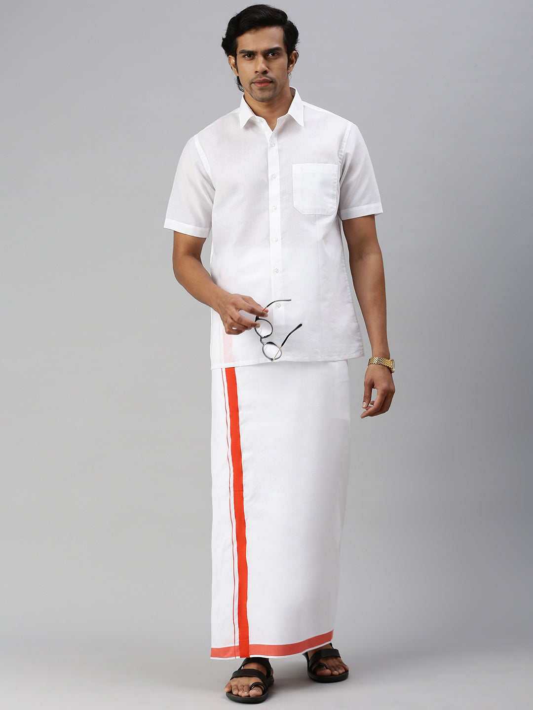 Men Cotton Blend Single Layer White Dhoti with Big Border 04