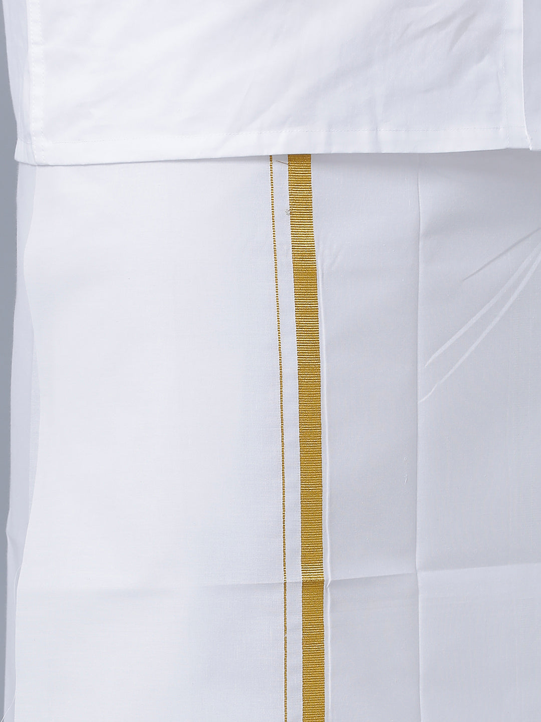Mens Pure Cotton White Full Sleeves Shirt with 1/2'' Gold Jari Single Dhoti Combo-Bottom view