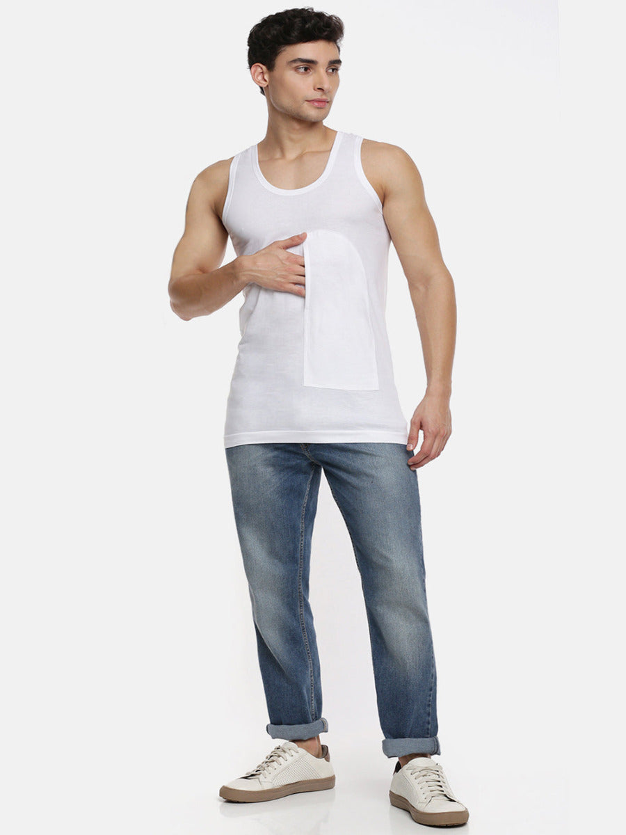 Mens Fine Cotton White Pocket Banian RN Sukra (2 PCs Pack)-Front view
