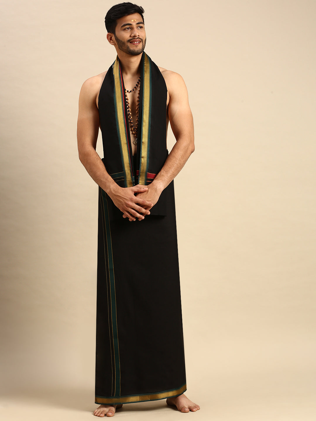 Men 100% Cotton Single Layer Black Dhoti & Towel Set with Mayilkhan Border Brindhavan