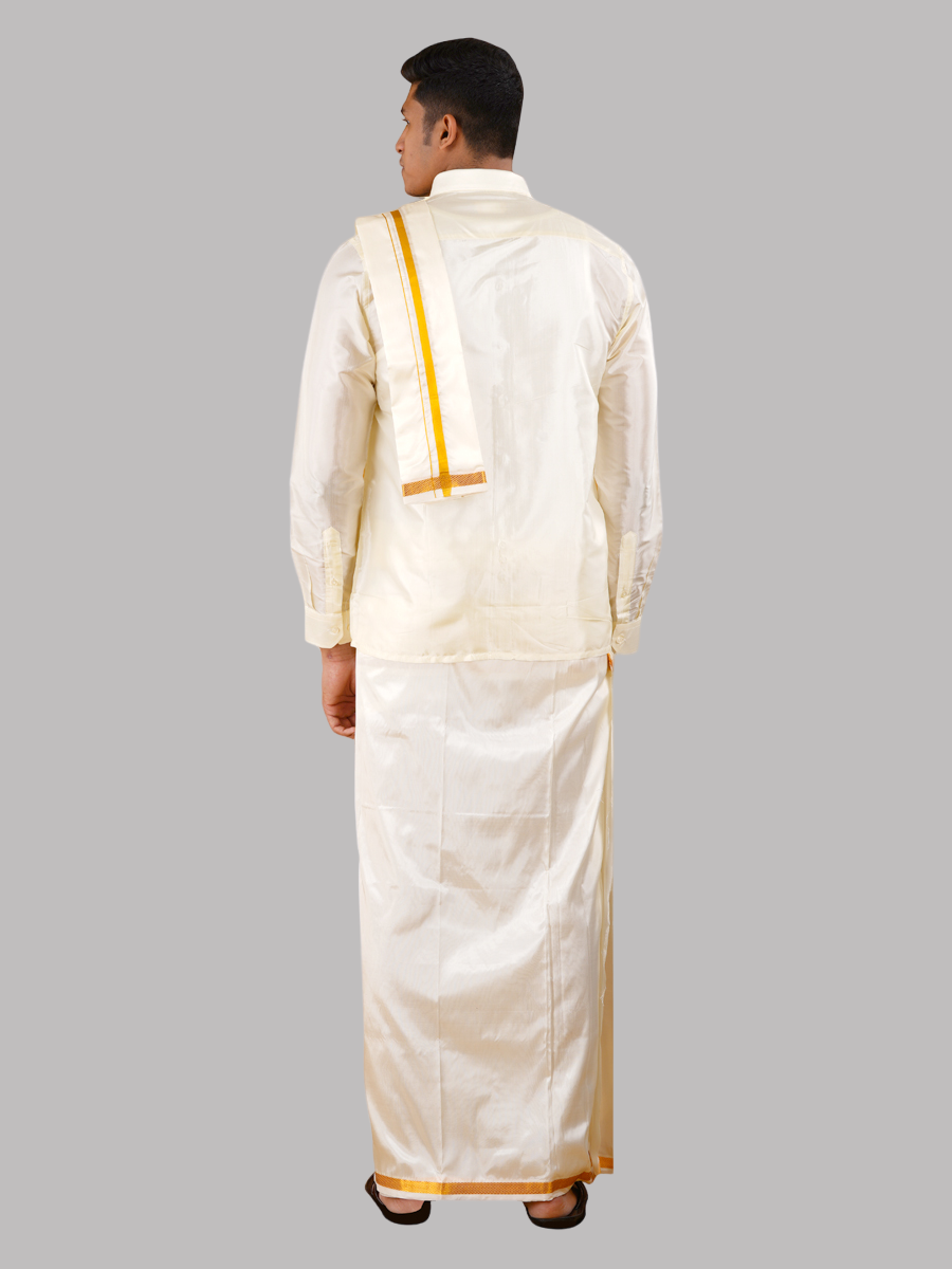 Mens Cream Art Silk Full Sleeves Shirt, Double Dhoti+Towel with Belt Combo-Back view