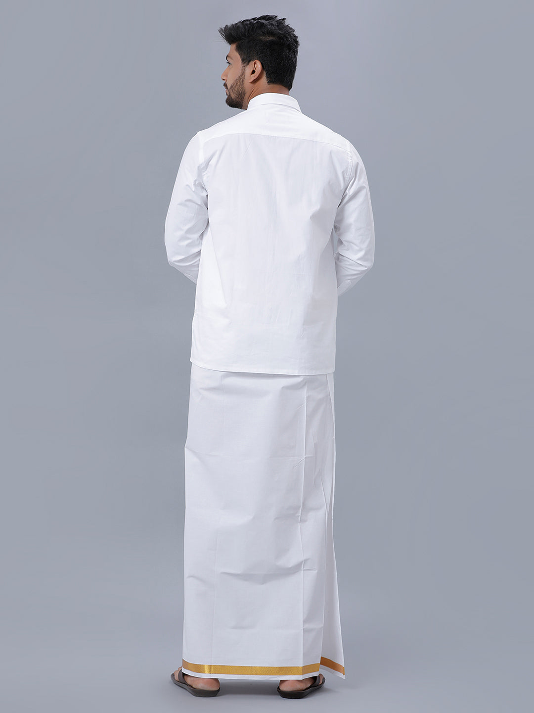 Mens Pure Cotton White Full Sleeves Shirt with 1'' Gold Jari Double Dhoti Combo-Back view