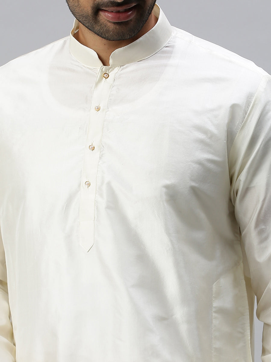 Mens Pure Silk Medium Length Cream Kurta-Zoom view