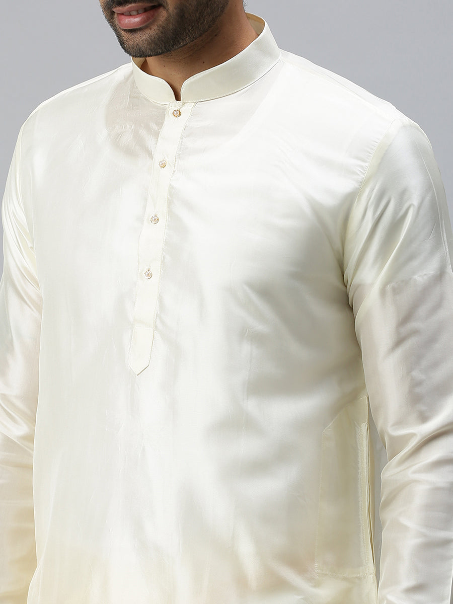 Mens Silk Mixed Medium Length Cream Kurta-Zoom view