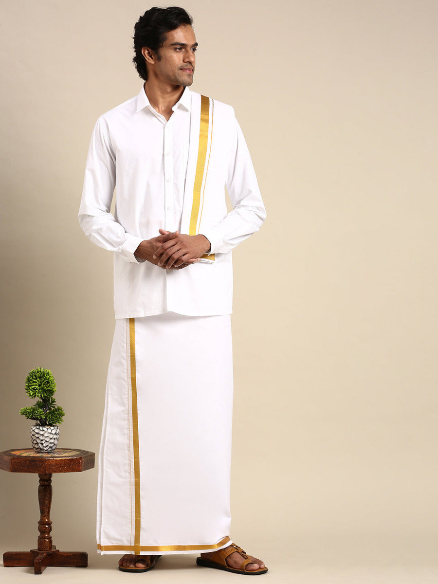 Premium Wedding White Adjustable Dhoti,Shirt & Towel Set Genxt Version-Full view