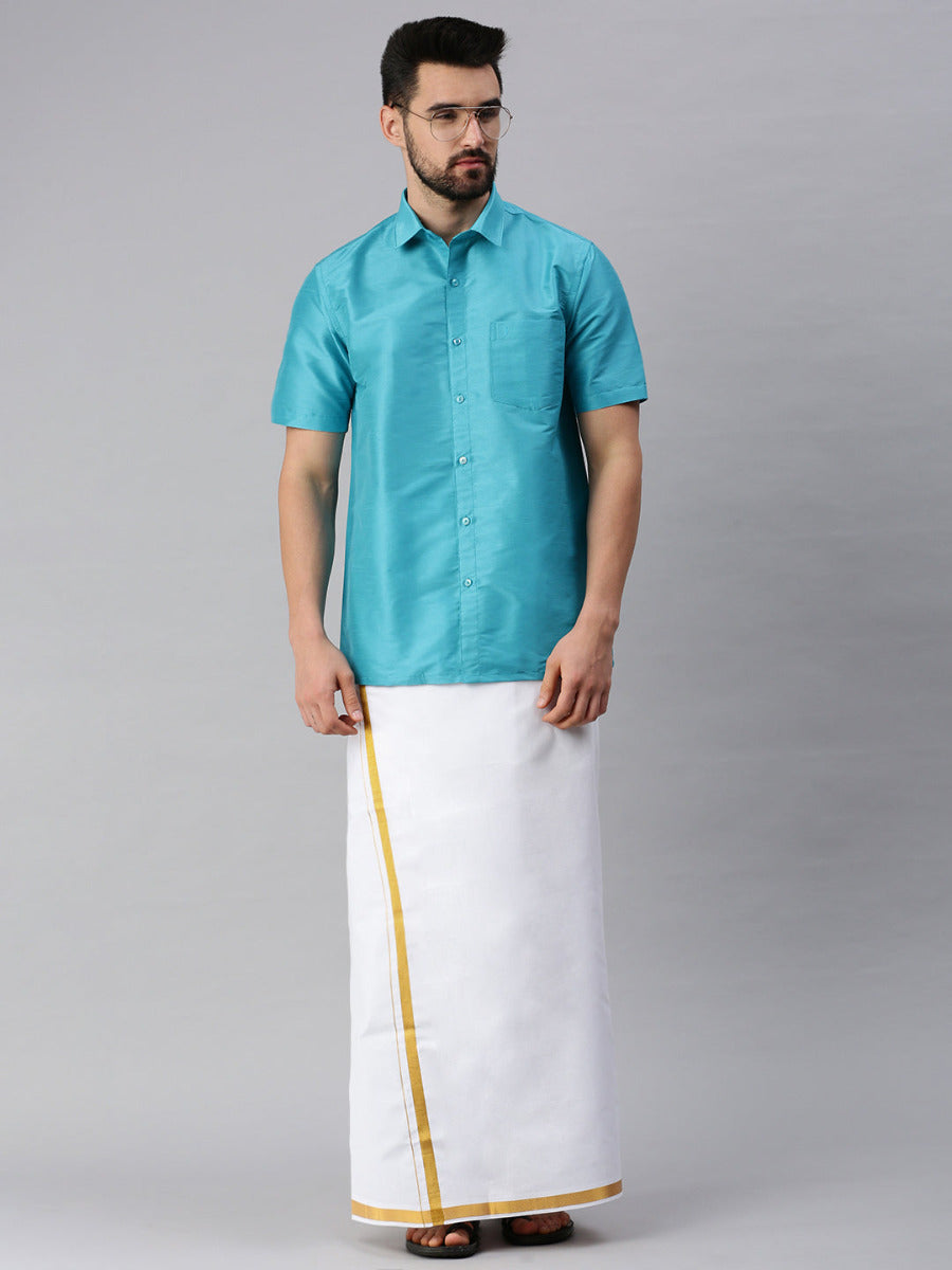 Silk Look Fancy Half Sleeves Blue Shirt with Jari Dhoti Combo SP29