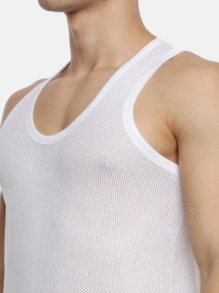Mens Fine Cotton White Netted Banian Breeze (2 PCs Pack)-Zoom view