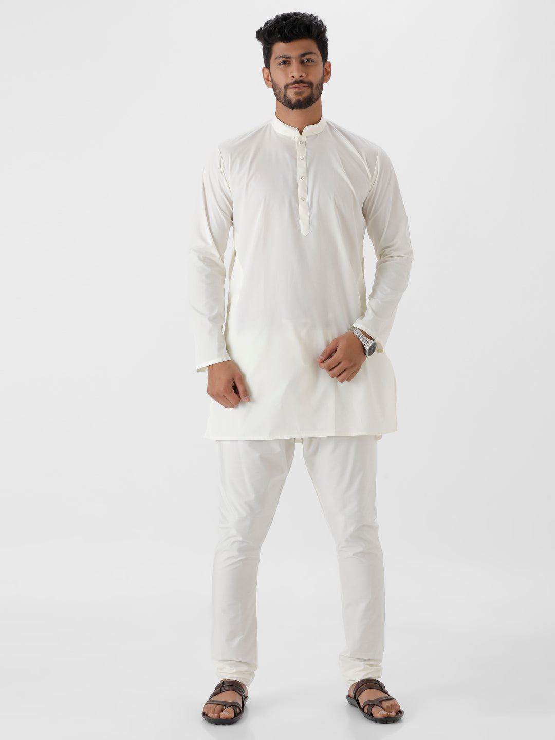 Mens Cream Colour Full Sleeve Medium Length Kurta-Full view