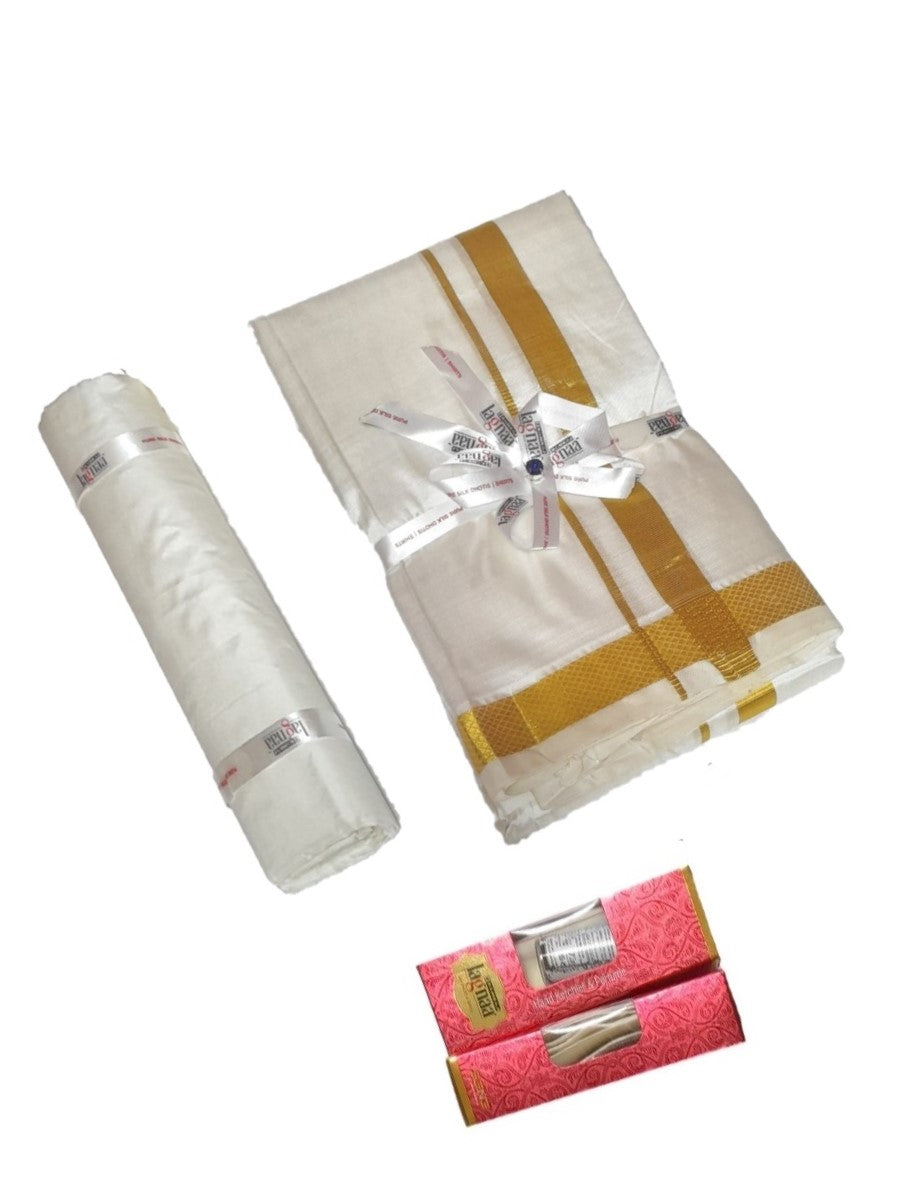 Mens Pure Silk Cream 1" Dhoti & Shirt Bit Purna Mithra-View one